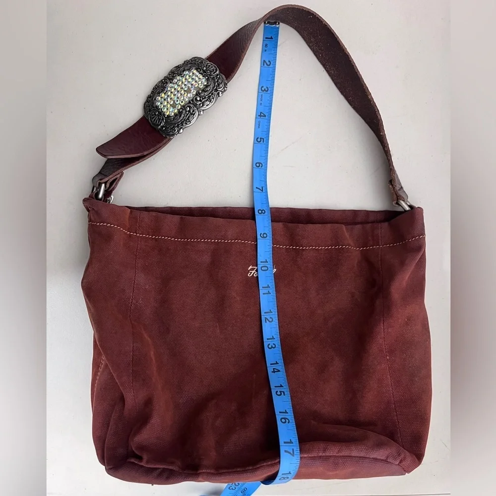 Fossil Boho Rhinestone Buckle Leather Strap Canvas Slouchy Hobo Bag